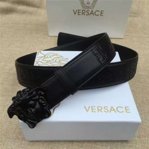 Versace 范思哲 2017新款皮帶 美杜莎扣頭 凹印圖案 男士腰帶 黑色