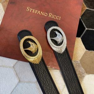 STEFANO RICCI史蒂芬.勞尼治新款精鋼鷹頭羽毛鑲嵌鉆扣3.8cm頭層牛皮壓制紋理腰帶